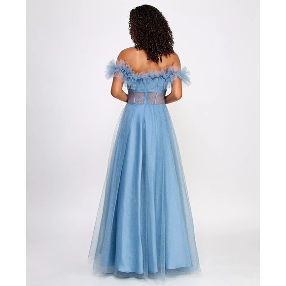 Bcx Juniors' Off-the-Shoulder Glitter Tulle Corset Gown, Light Blue, Size 3 - Picture 2 of 4
